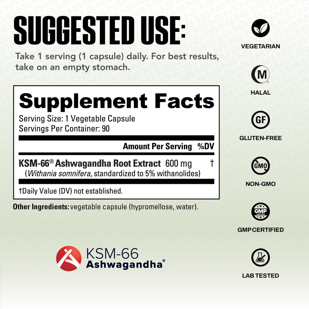 NutraBio Ashwagandha KSM-66 label detail highlights organic KSM-66 blend.