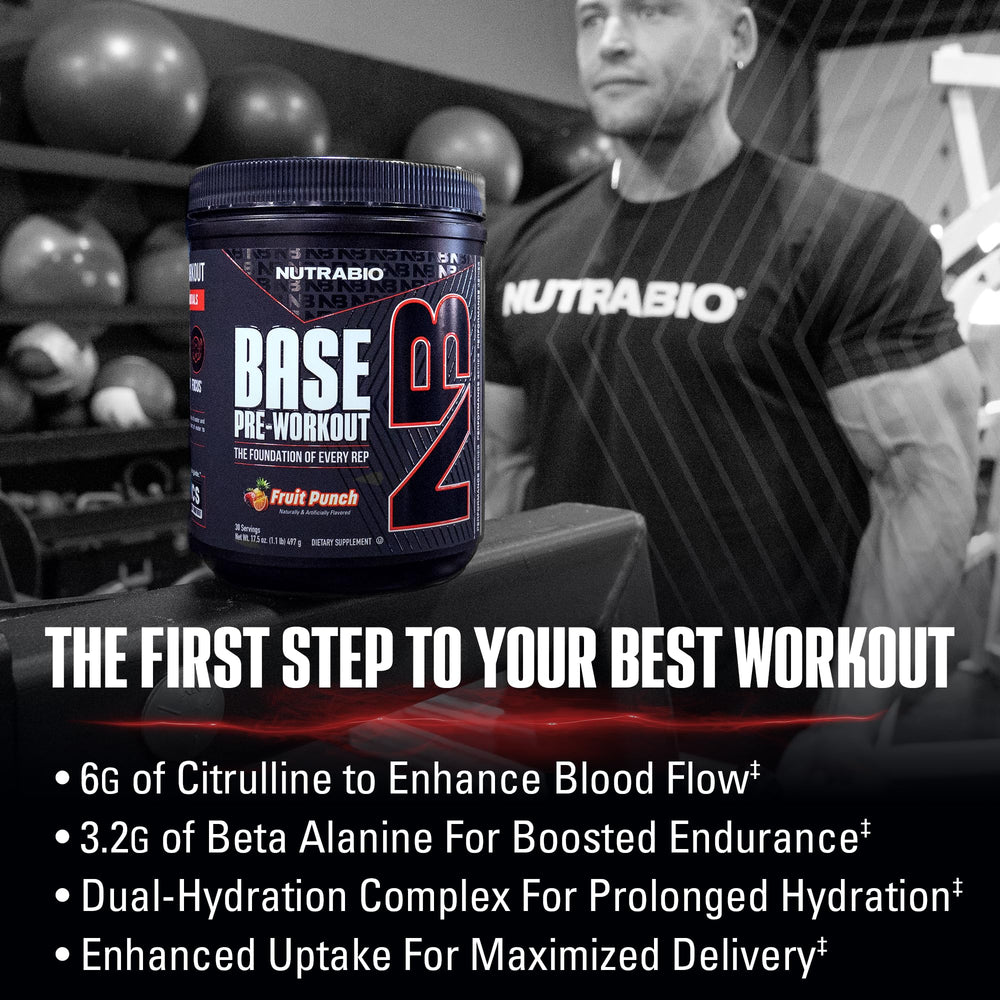NutraBio Base Pre-Workout 200mg caffeine for quick, long-lasting energy