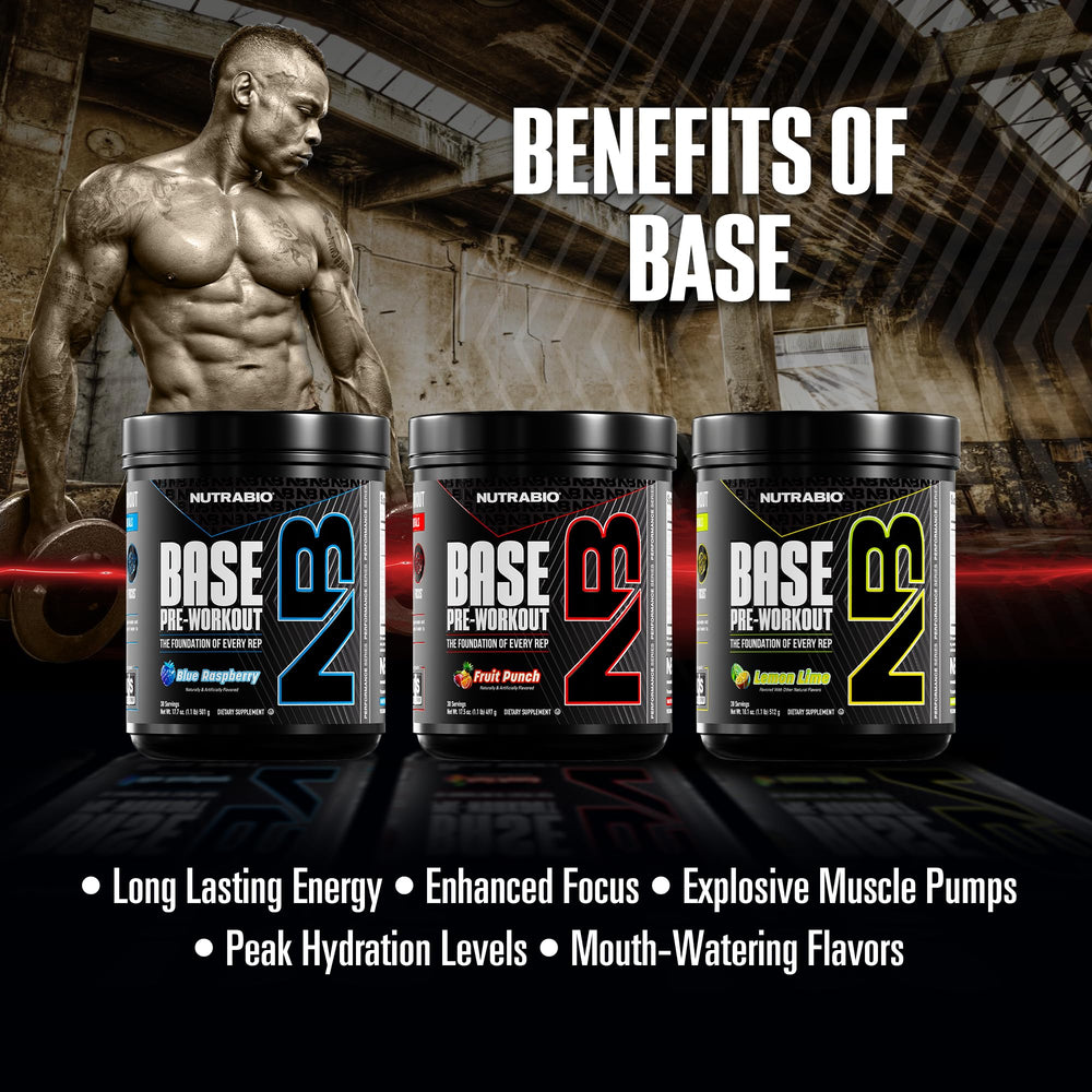 NutraBio Base Pre-Workout brand label closeup communicates trusted nutrition