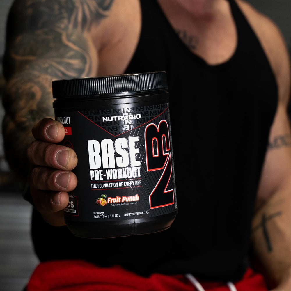 NutraBio Base Pre-Workout dissolved drink highlights sustained energy and clarity