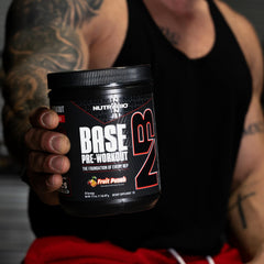 NutraBio Base Pre-Workout dissolved drink highlights sustained energy and clarity