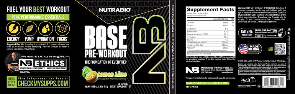 NutraBio Base Pre-Workout label closeup emphasizing ingredients and caffeine content