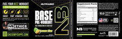 NutraBio Base Pre-Workout label closeup emphasizing ingredients and caffeine content