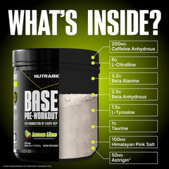 NutraBio Base Pre-Workout scoop closeup showing precise dosing for focus and endurance