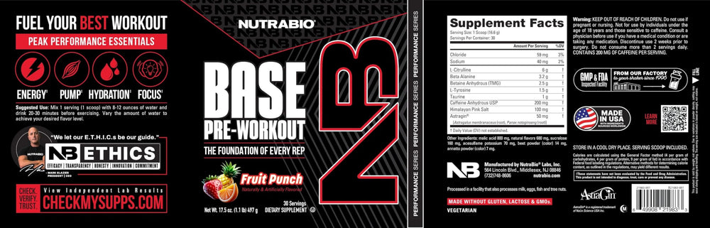 NutraBio Base Pre-Workout sugar-free formula ideal for clean fueling