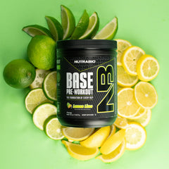 NutraBio Base Pre-Workout tub packaging highlighting 30 servings and sugar-free formula