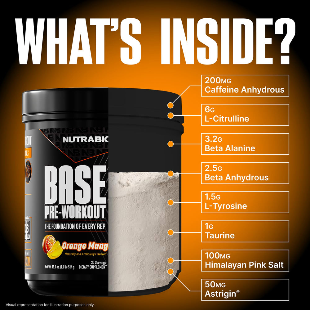 NutraBio Base Pre-Workout orange mango scoop beside jar demonstrates easy daily serving.