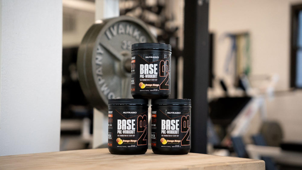 NutraBio Base Pre-Workout packaging on shelf signals ready-to-use performance support.