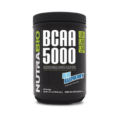 NutraBio BCAA 5000 powder in blue raspberry, ready for post-workout recovery.