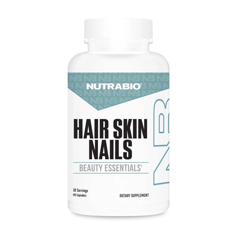 NutraBio capsules close-up highlighting biotin and collagen support for hair and nails.