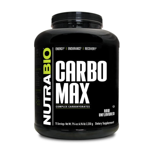 NutraBio CarboMax powder tub front showing unflavored energy support for steady fueling