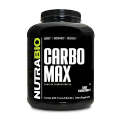 NutraBio CarboMax powder tub front showing unflavored energy support for steady fueling