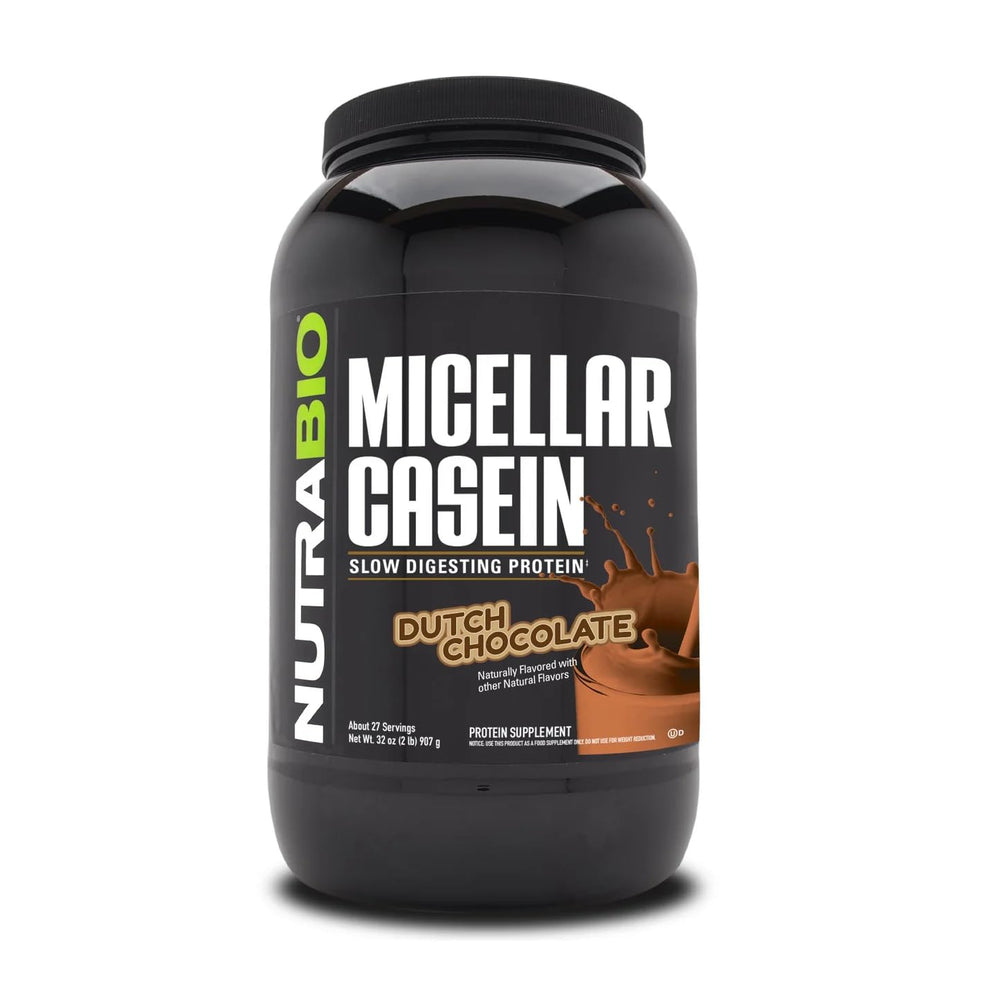 NutraBio Casein powder bottle highlighting slow-digesting protein for overnight support.