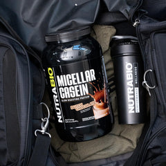 NutraBio Casein powder measuring cup showing versatile serving options.