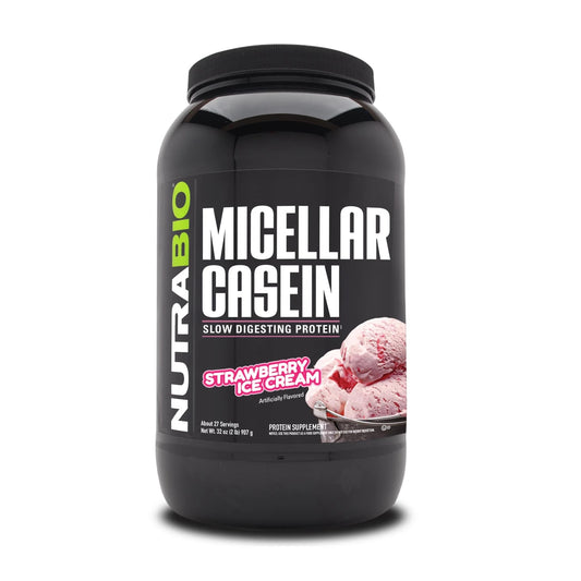 NutraBio Casein powder bottle highlighting overnight recovery potential
