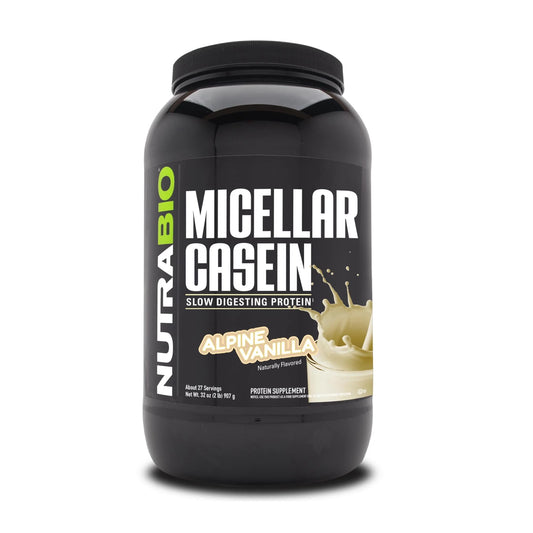 NutraBio Casein Protein Powder vanilla tub with slow-release protein for overnight support.