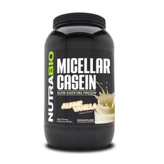 NutraBio Casein Protein Powder vanilla tub with slow-release protein for overnight support.