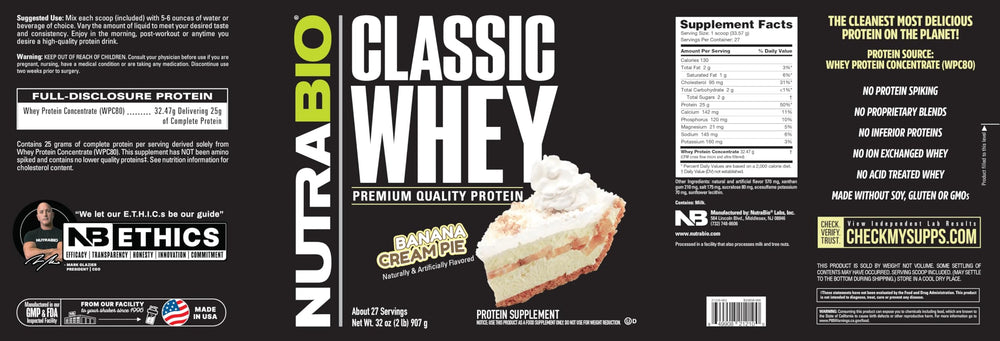 Nutrition profile chart for NutraBio Classic Whey amino acids.
