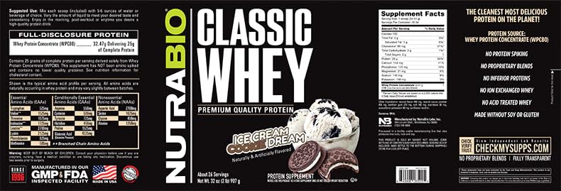NutraBio Classic Whey Ice Cream Cookie Dream flavor jar for a tasty shake