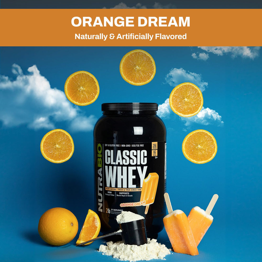 NutraBio Classic Whey Orange Dream glass pouring shake for on-the-go nutrition