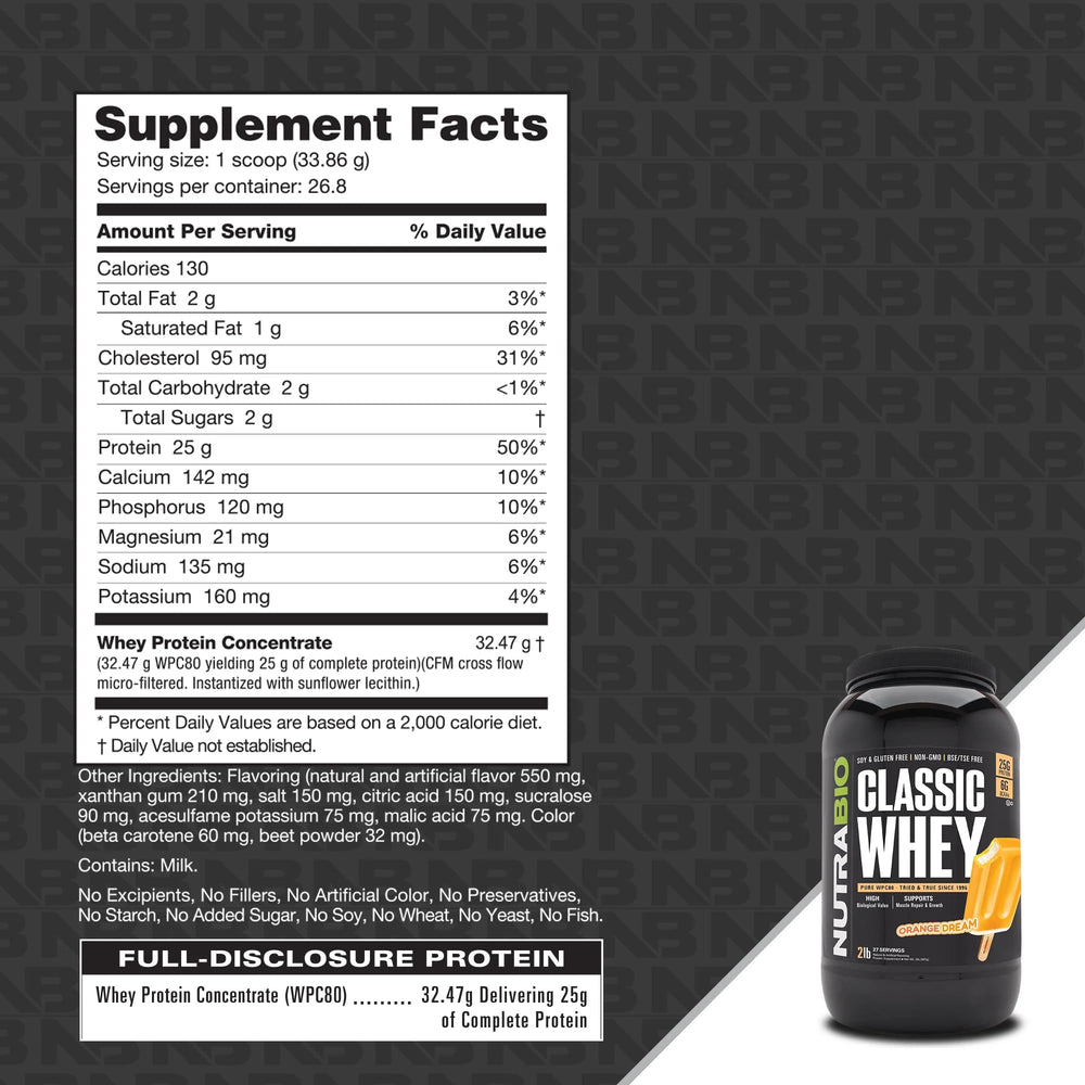 NutraBio Classic Whey Orange Dream tub front showing transparent ingredient information