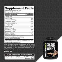 NutraBio Classic Whey bottle side highlights ingredients and no fillers