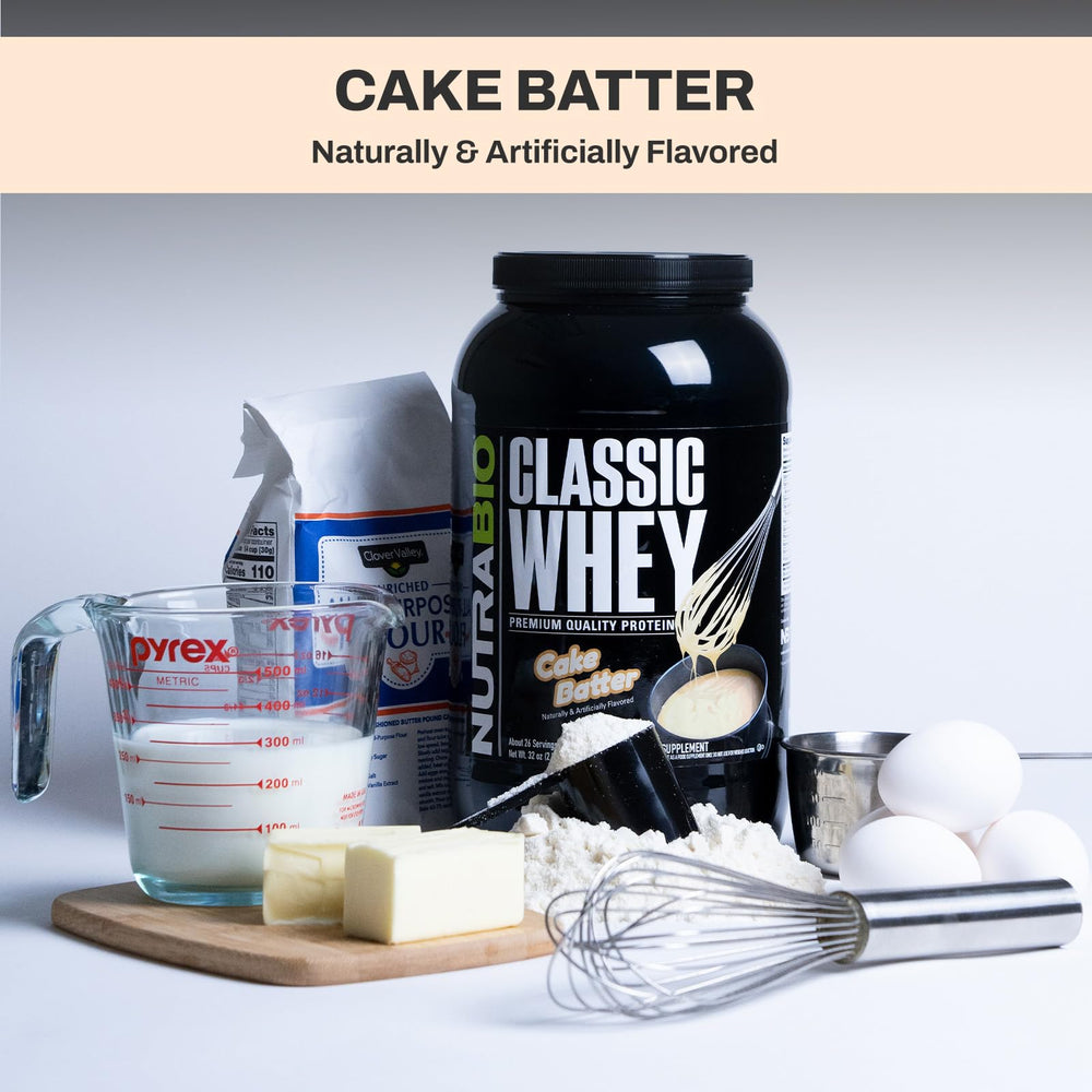 NutraBio Classic Whey powder close-up shows fine texture.