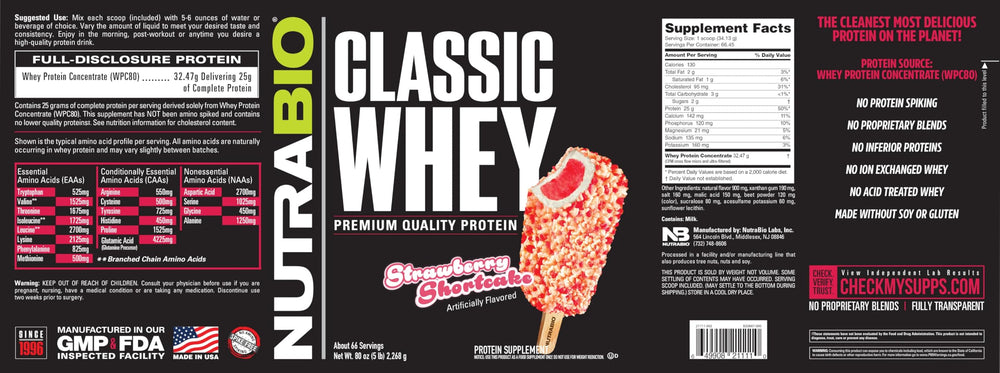 NutraBio Classic Whey serving image demonstrates 25 g protein per scoop.
