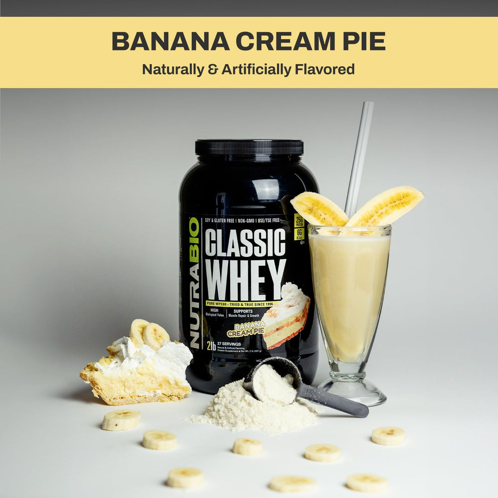 Measuring spoon beside NutraBio Classic Whey tub for easy prep.
