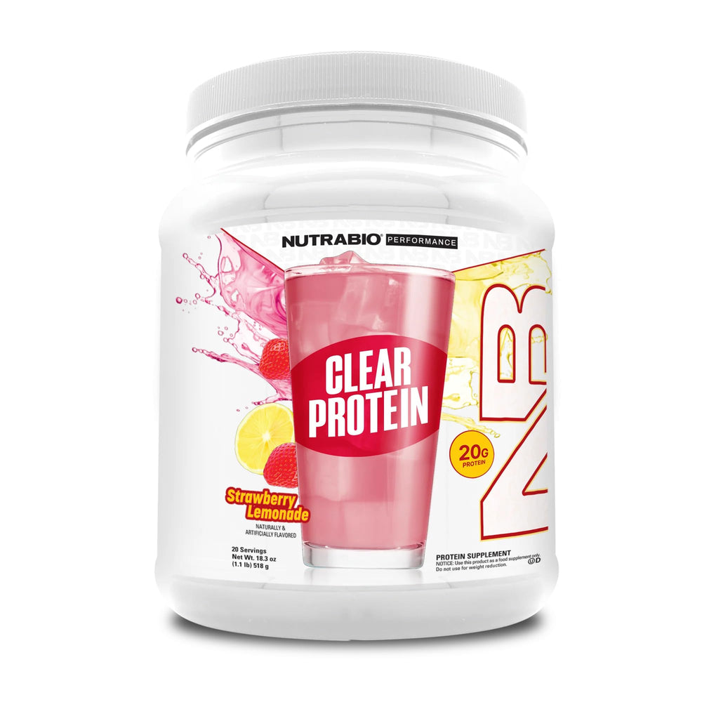 NutraBio Clear Protein Powder Strawberry Lemonade, refreshing post-workout hydration.