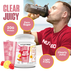 NutraBio Clear Whey Protein Strawberry Lemonade, foam-free blend ready to shake.