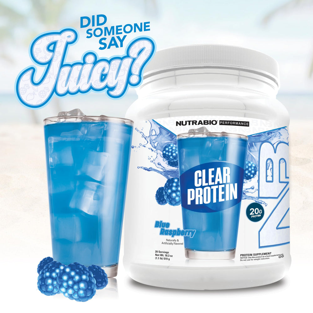 NutraBio Clear Whey Blue Raspberry ice-cold cup conveys refreshing post-workout hydration