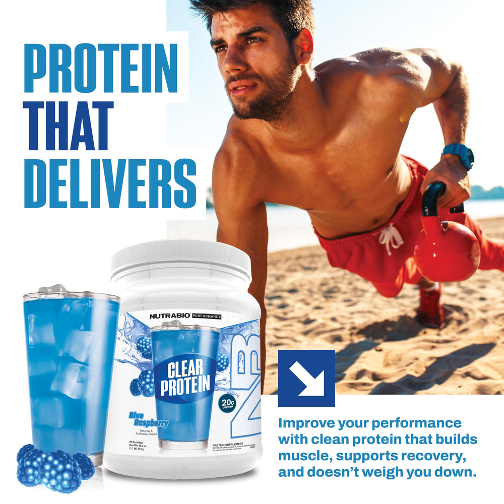 NutraBio Clear Whey Blue Raspberry powder dispense illustrates measured servings for consistent intake