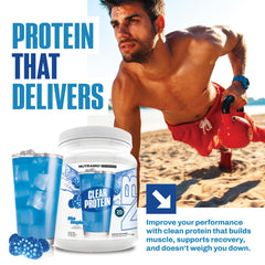 NutraBio Clear Whey Blue Raspberry powder dispense illustrates measured servings for consistent intake