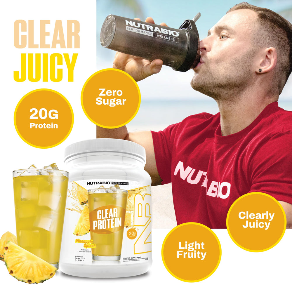 NutraBio Clear Protein Pineapple Splash shaker-ready mix delivers quick-dissolving protein for lean muscle support.