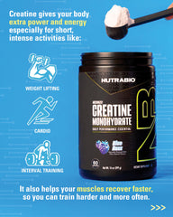 NutraBio Creatine Blue Razz label close-up showing purity and quality.