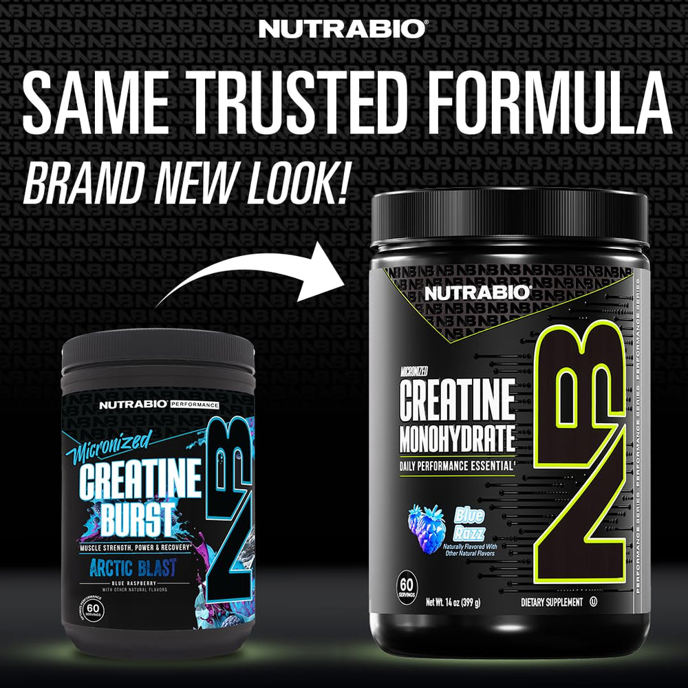 NutraBio Creatine Blue Razz tub with scoop highlights quick mix and absorption.