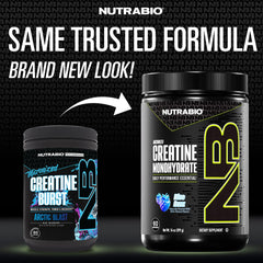 NutraBio Creatine Blue Razz tub with scoop highlights quick mix and absorption.