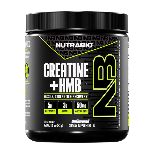 NutraBio Creatine + HMB bottle pour shows a ready-to-use strength supplement.