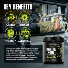 NutraBio Creatine + HMB ingredient chart emphasizes key components for performance.