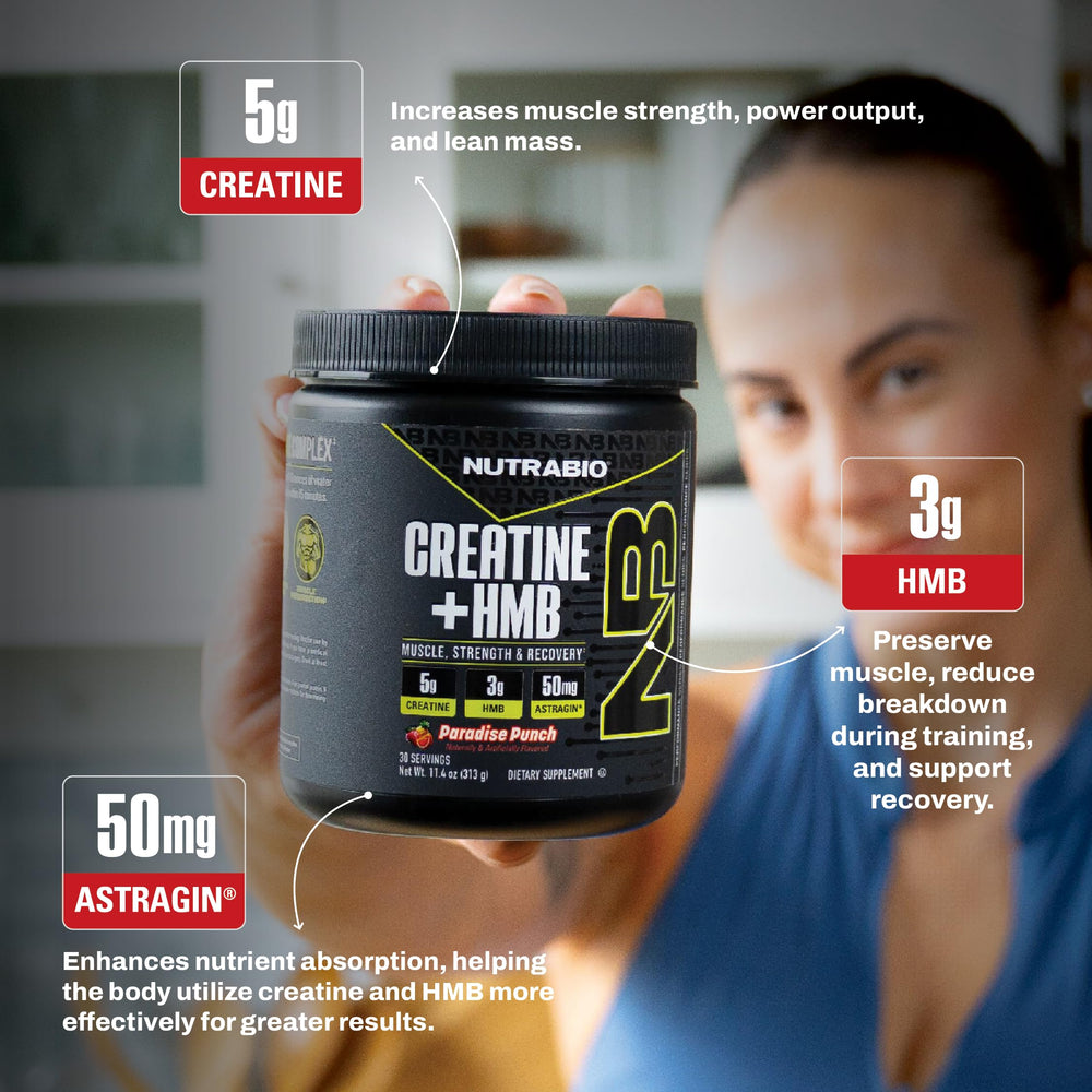 NutraBio Creatine + HMB Paradise Punch glass shows flavor and mix