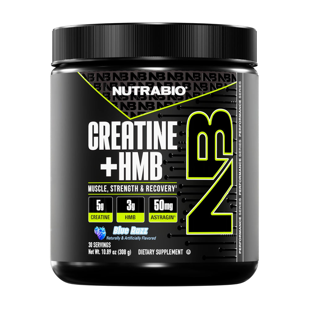 NutraBio Creatine HMB powder blue razz bottle boosts training energy.