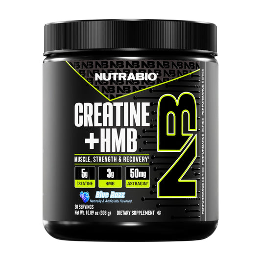 NutraBio Creatine HMB powder blue razz bottle boosts training energy.