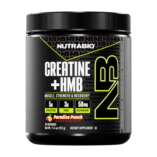 NutraBio Creatine + HMB powder tub showing dual formula for performance support