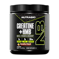 NutraBio Creatine + HMB powder tub showing dual formula for performance support