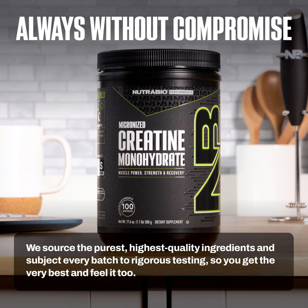 NutraBio creatine powder label info highlighting unflavored versatility.