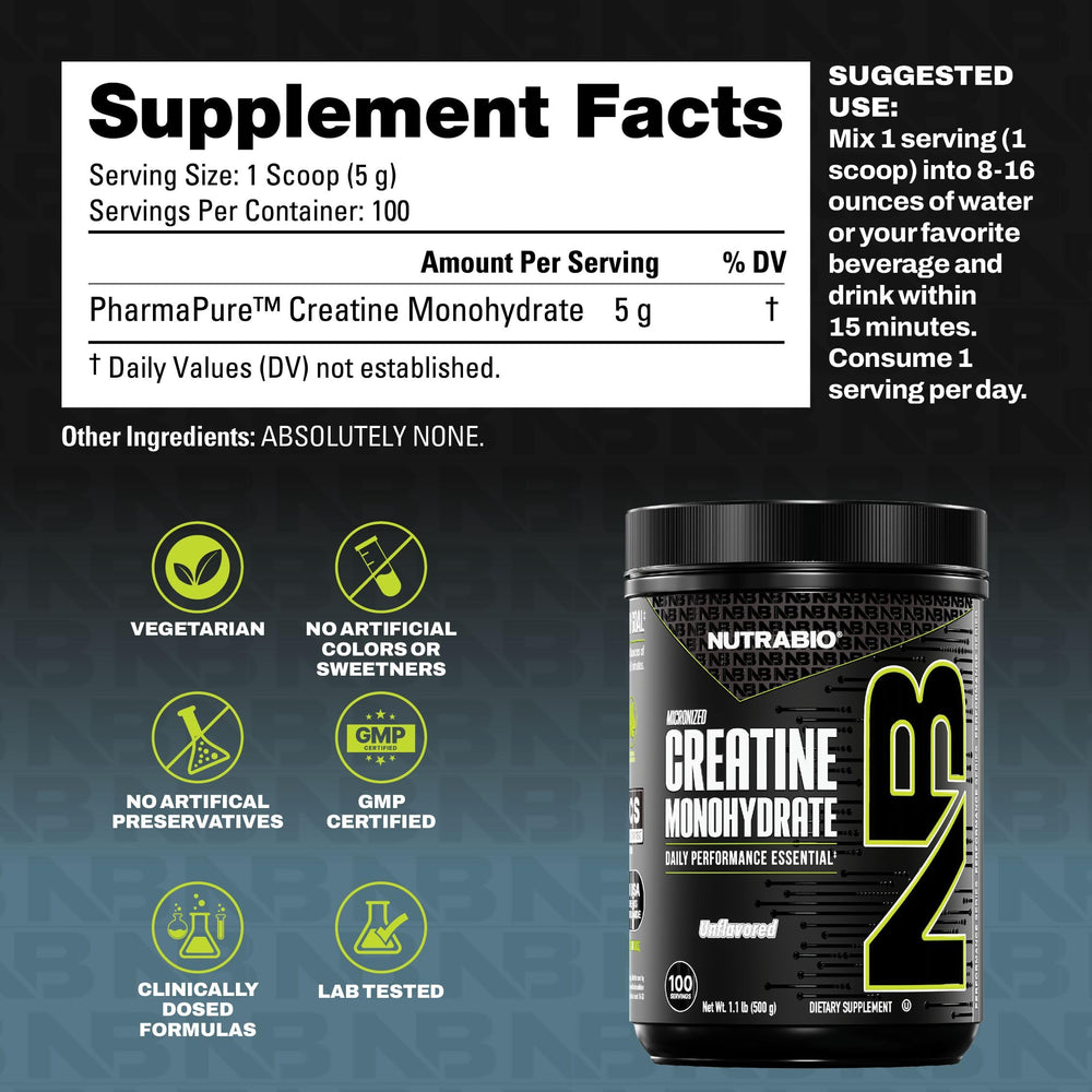 NutraBio creatine powder dissolving in water for a smooth mix during training.