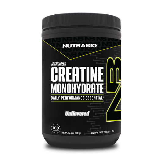 NutraBio creatine powder jar closeup signaling purity for workouts.