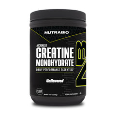 NutraBio creatine powder jar closeup signaling purity for workouts.