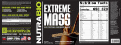 NutraBio Extreme Mass chocolate label closeup shows clean label and quality ingredients